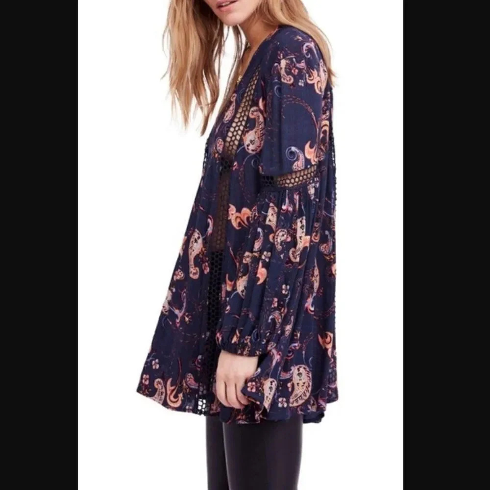 Free People Navy Floral Paisley V-Neck Tunic - Picture 5 of 11